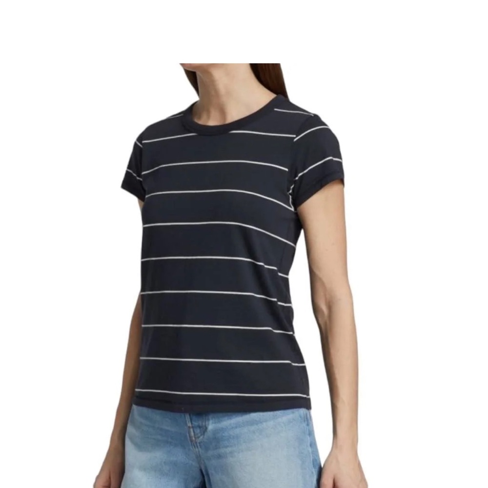 Rag and Bone, striped short-sleeve tee. Size: S. Color: navy/white stripe.